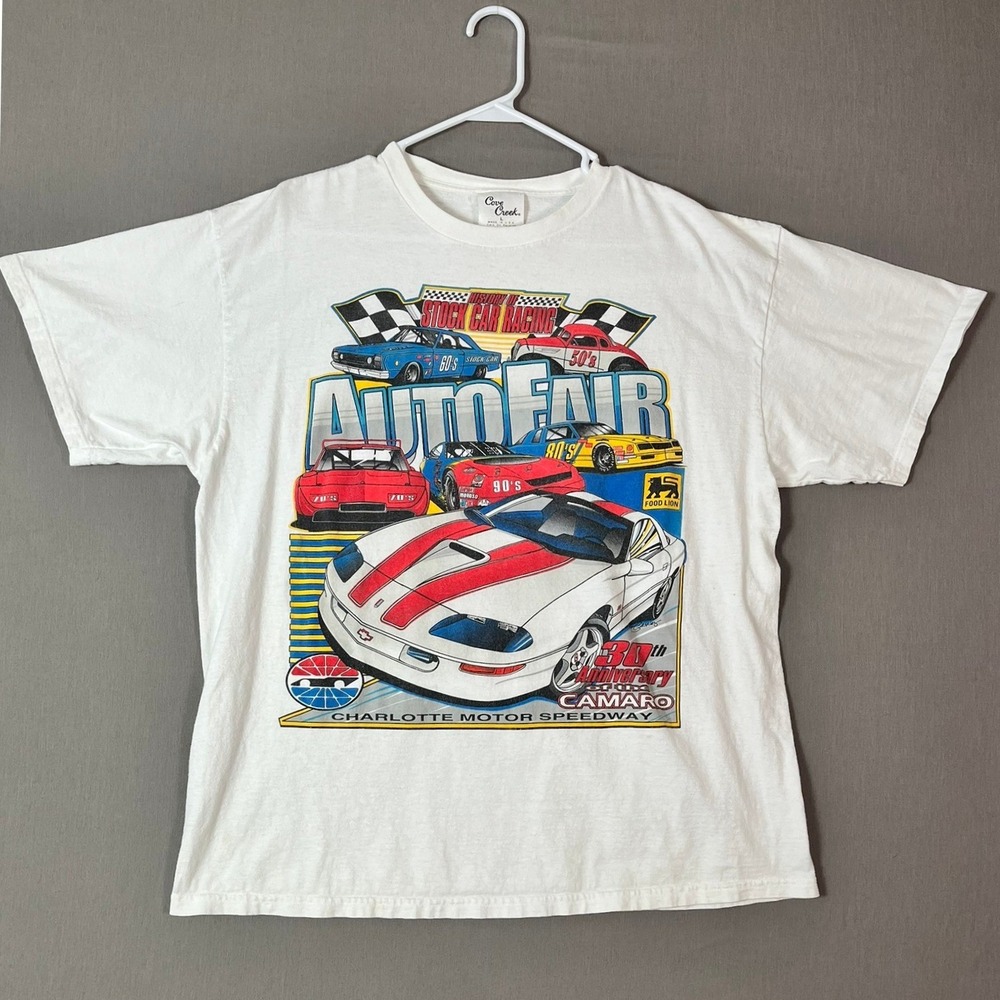 Vintage Charlotte Speedway AutoFair T-Shirt L Cotton White 90s Double Sided EUC